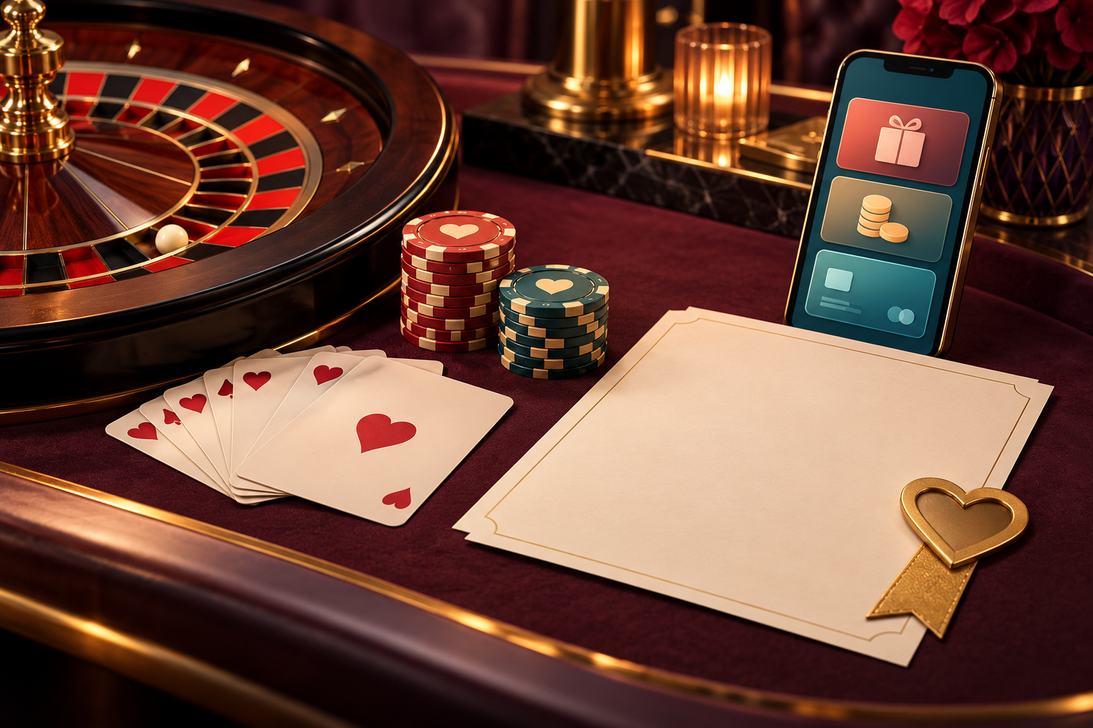Roulette wheel, chips, cards, phone and blank terms sheet