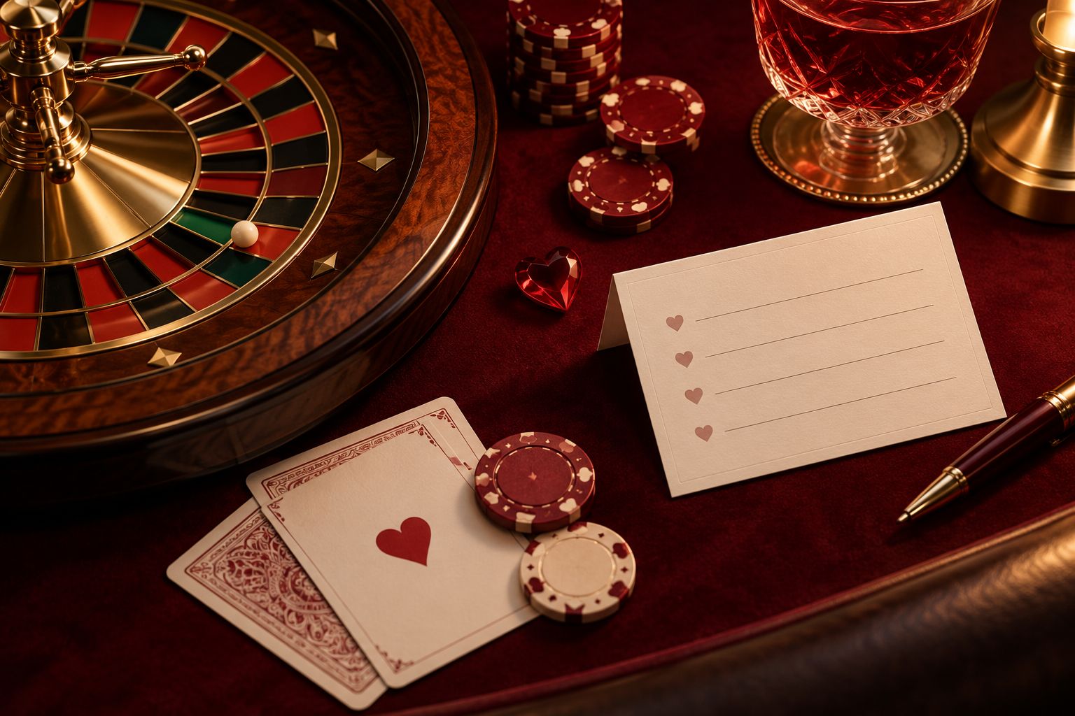 Roulette wheel, cards, chips and a comparison note on a casino table